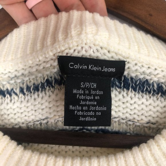 Calvin Klein Women's Size Small White Blue Striped Knit Crewneck Sweater - Picture 6 of 9